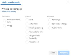 Facebook Ads - wybierz cel